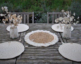 Centre de table rond au crochet, napperon de table, jute et coton