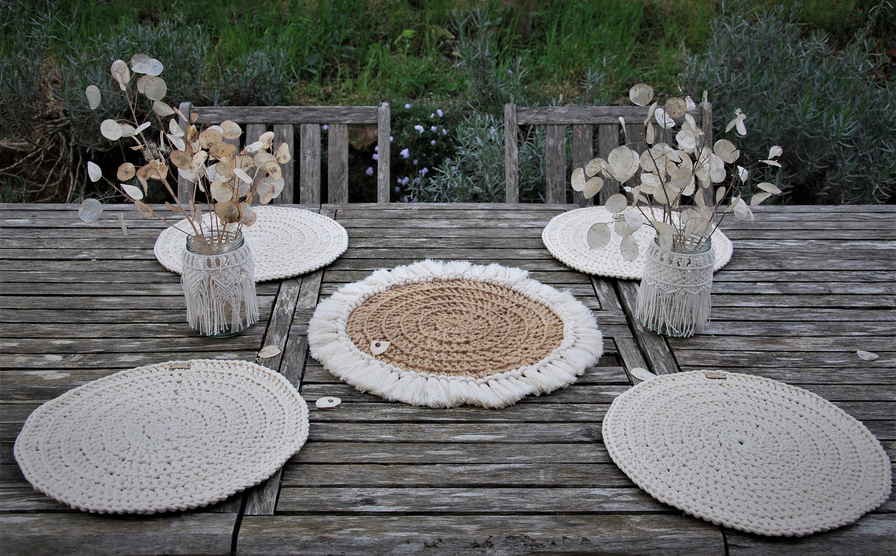 Centre de Table Rond Au Crochet, Napperon Table, Jute et Coton