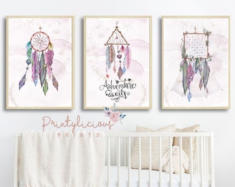 Pictures For Girls Nursery Boho Animal Prints Bedroom Set of 3 in White Pink