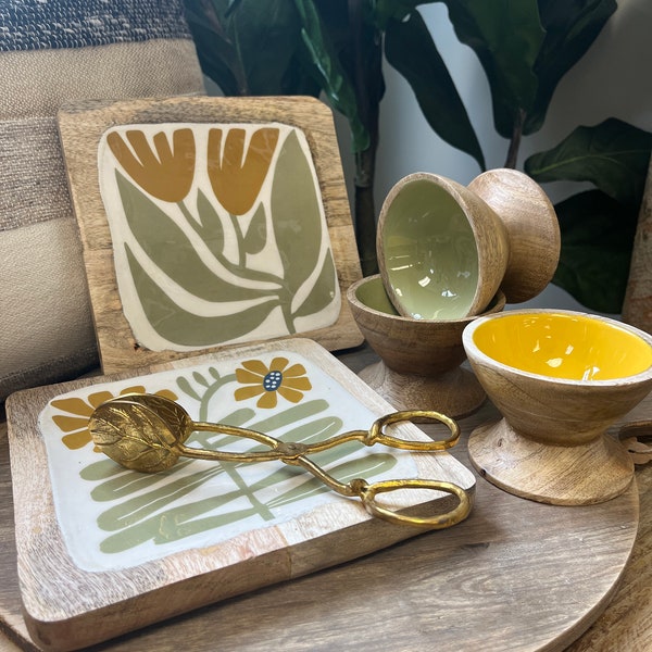 Enameled Mango Wood Footed Bowl