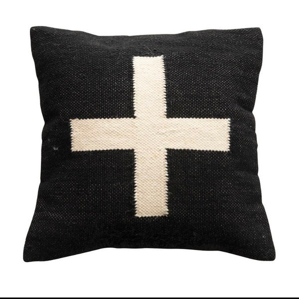 Black & Cream Swiss Cross Throw Pillow, Wool