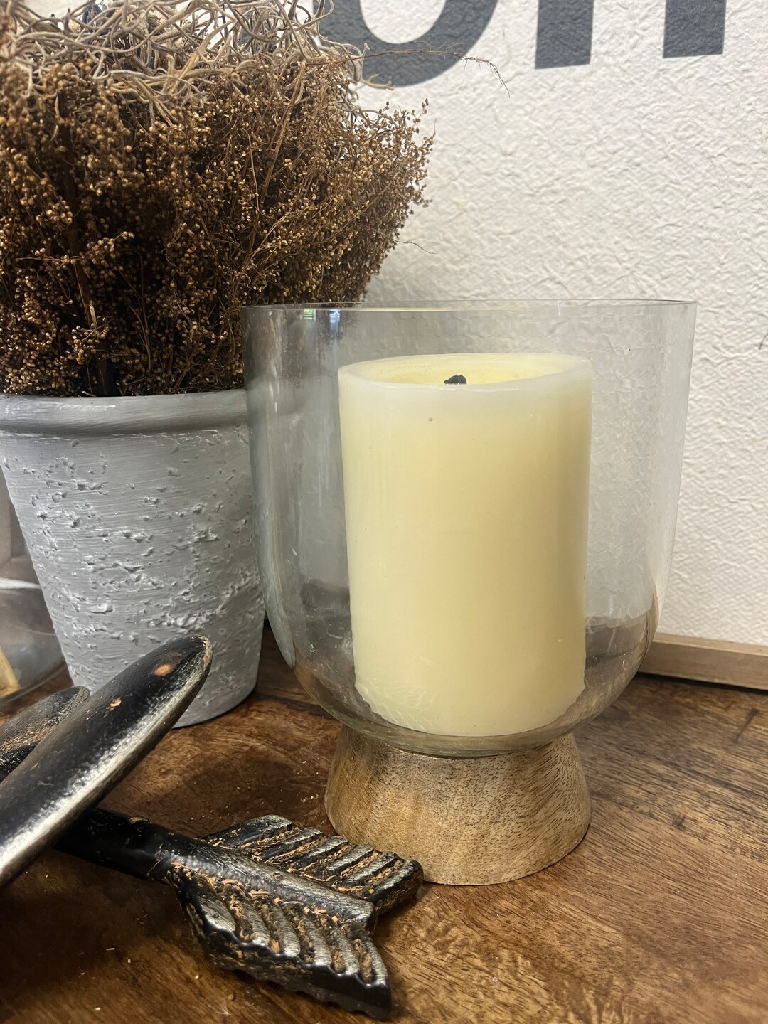 Glass & Mango Wood Footed Hurricane Candle Holder Etsy