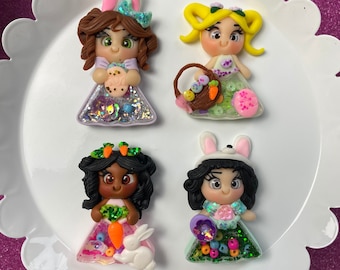 Easter girl, CHOOSE ONE, Spring, bunny girl, Bow Clay center, clay charm, Clay bow center, polymer clay center, character clay, shaker clay
