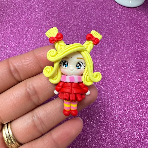 Christmas, pink dress, cindy, Bow Clay center, clay charm, Clay bow center, polymer clay center, character clay, Style V