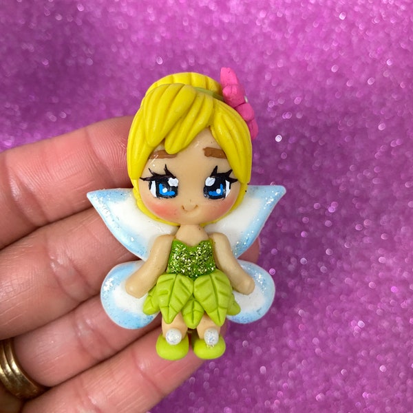 Green fairy, tinkerbell, tink, Bow Clay center, clay charm, Clay bow center, polymer clay center, character clay, princess