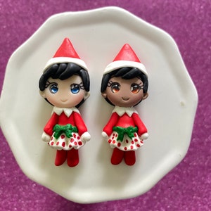 Christmas, Red elf, dark skin, Bow Clay center, clay charm, Clay bow center, polymer clay center, character clay,