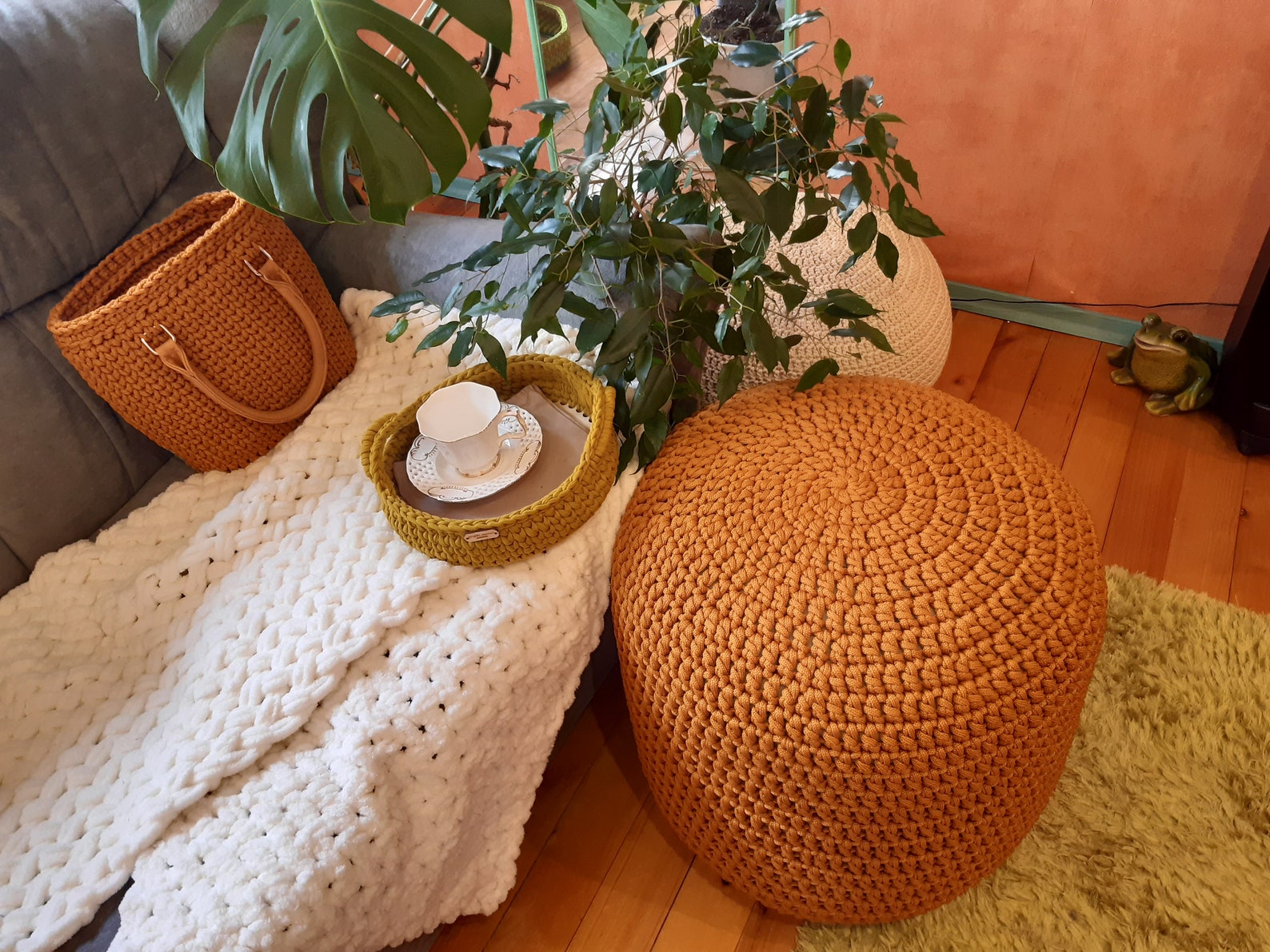 Custom Pouf Ottoman Gold Mustard Crochet Pouf Crocheted Floor Etsy