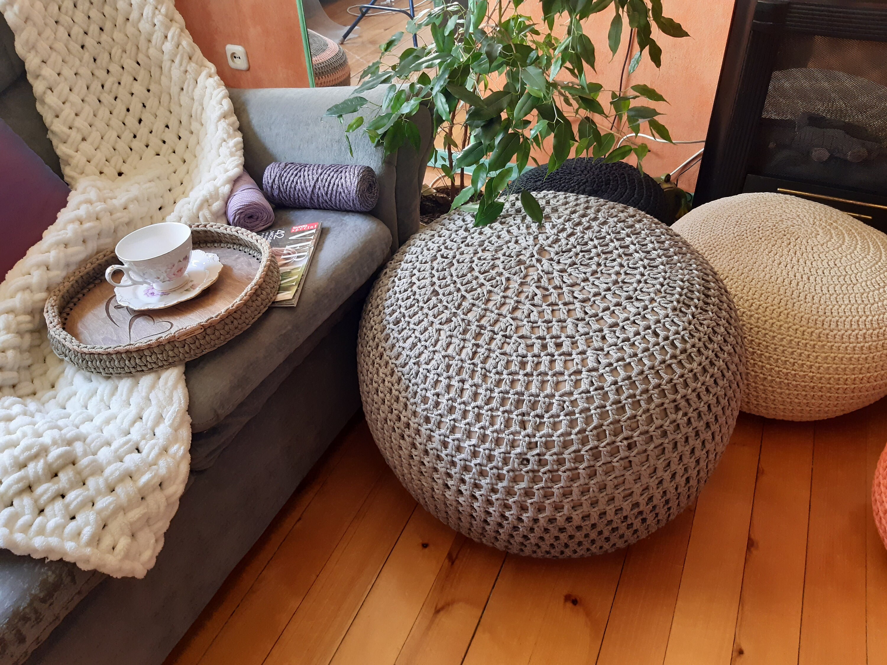 Сrochet coffee table grey pouf ottoman with changing color Etsy