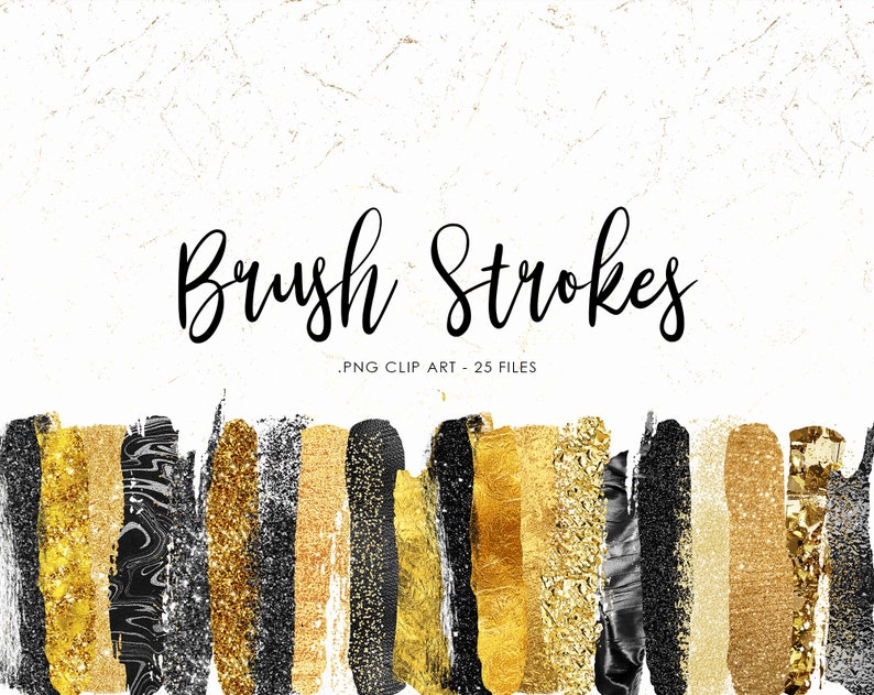 Gold and Black Brush Strokes Clipart Gold Strokes Black Paint Strokes Commercial Use Metallic Clip Art