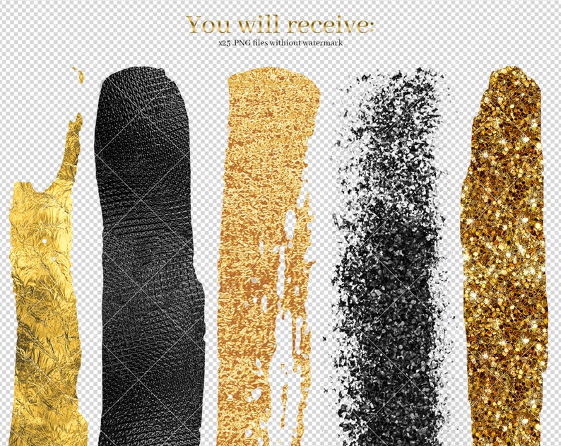Gold and Black Brush Strokes Clipart Gold Strokes Black Paint Strokes Commercial Use Metallic Clip Art