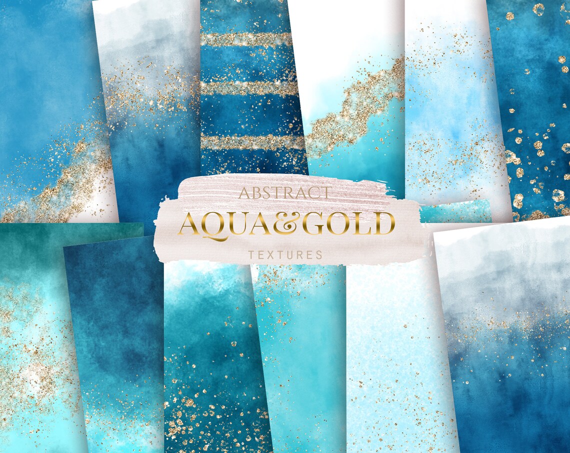 12 Aqua &amp; Gold Abstract Digital Paper Abstract Textures | Etsy