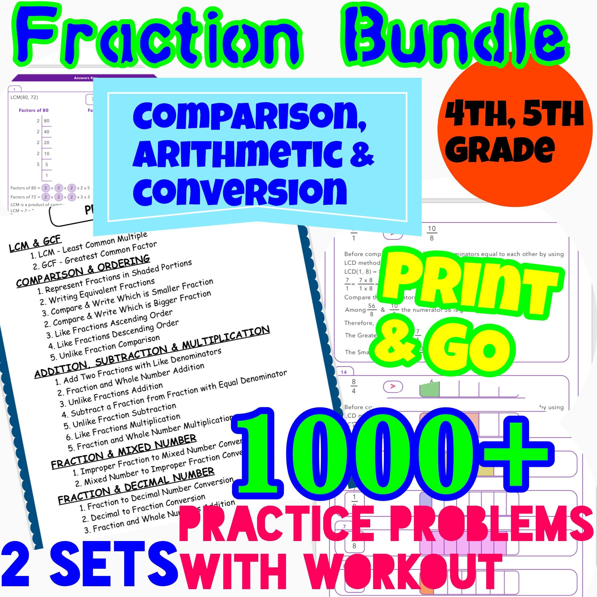 Fraction Worksheet Bundle LCM GCF Fraction Arithmetic  Etsy UK For Lcm And Gcf Worksheet