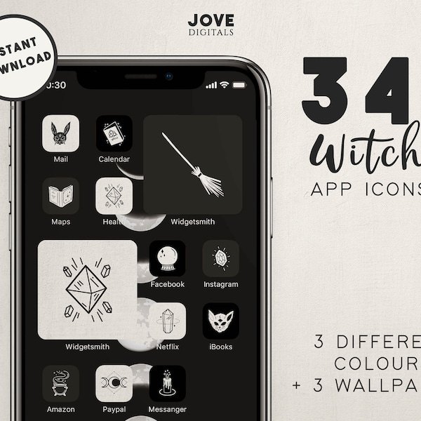 Witchy iOS 14 App Icons | iPhone App Icons | Cute iPhone App Icons | Black White Grey Dark Icons | iOS 14 Icons Pack | iPhone Wallpapers