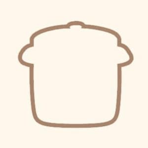 May include: A brown outline of a cooking pot with a lid, set against a cream-colored background. The pot has a rounded shape with curved handles and a lid with a small knob.