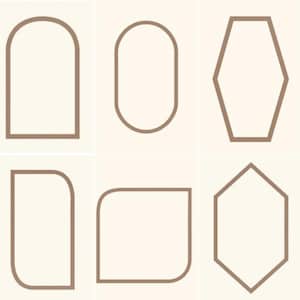 May include: Six geometric shapes in a grid, each outlined in a warm brown hue against a cream background. The shapes include an arch, an oval, a hexagon, a rounded rectangle, a rounded square, and another hexagon.
