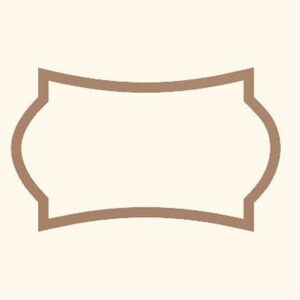 May include: A decorative label or tag with a light brown border and a cream-colored interior. The label has a unique shape with curved sides and pointed corners, suitable for various craft projects or product branding.