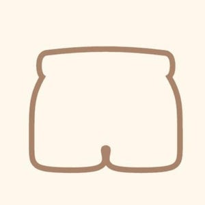 May include: A brown outline of a pair of shorts on a cream-colored background. The shorts have a rounded top and bottom with a small indentation in the center of the bottom edge.