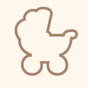 May include: A brown outline of a baby carriage, featuring a rounded hood, a seat, and two large wheels. The design is simple and elegant, suitable for baby-related products.