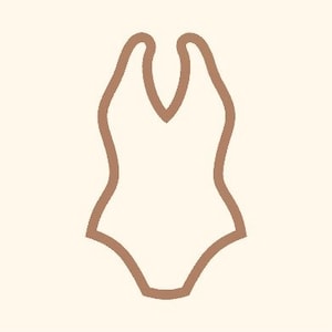 May include: A brown outline of a one-piece swimsuit with a halter neck.