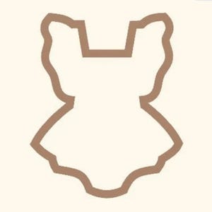 May include: A brown outline of a baby bodysuit cookie cutter. The cutter has a square neckline and ruffled sleeves. The bottom of the bodysuit has a scalloped edge. The background is a cream color.