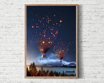 Glowing Balloons in Night Sky – Surreal Dreamlike Wall Art