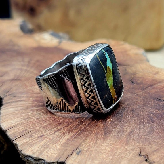 Handmade Blackjack Turquoise and Sterling Silver Ring. Size 10. Etsy