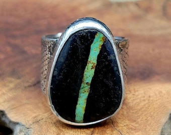 Handmade Bandits Turquoise and Sterling Silver Ring, Size