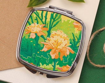 Yellow Flowers Illustrated Pocket Mirror - Beautiful Compact Mirror - Valentines Gift For Her - Mother's Day Present - Women's Accessory