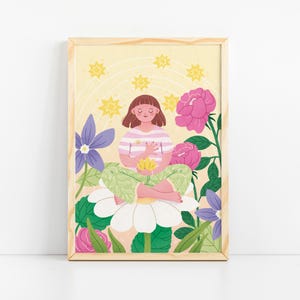Lámina artística "Niña y flores" - Arte mural del orgullo - Ilustración de chica queer - Decoración floral para el hogar - Lámina pastel de amor propio - Regalo para LGBTQ+