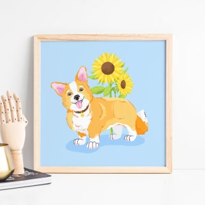 Corgi Art Print - Cute Dog Print - Animal Illustration - Dog Breeds Art - Orange Puppy - Sunflower Art - Baby Room Print - Baby Shower