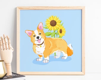 Corgi Art Print - Cute Dog Print - Animal Illustration - Dog Breeds Art - Orange Puppy - Sunflower Art - Baby Room Print - Baby Shower