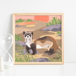 Frettchen Kunstdruck - Gefährdete Arten - Tier Illustration - Savanne - Wildtiere - Klimawandel Print - Süße Tiere - Erdtag - Landschaft