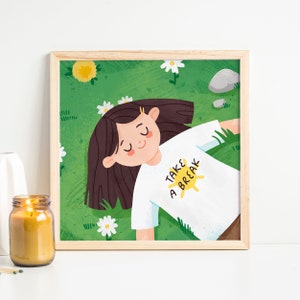 Take a Break Art Print - Positive Vibes - Illustration de chambre de fille - Impression d’art pour enfants - Faune - Enfants - Impression mignonne - Illustration de fleurs