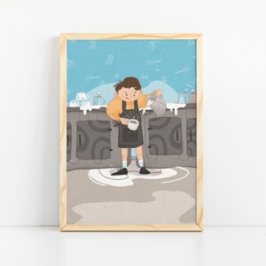Barista Kunstdruck - Kaffeeliebhaber Print - Geschenk für Ihn - Kinderzimmer Druck - Süße Wandkunst - Illustration - Flachweiss - Kaffeekunst - Vatertag