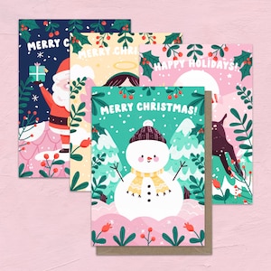 4 Karten Set Weihnachtskarten - Weihnachtskarte - Engel Illustration - Schneemann - Weihnachtsmann - Rentier - Süße Illustrationen - Frohe Weihnachten