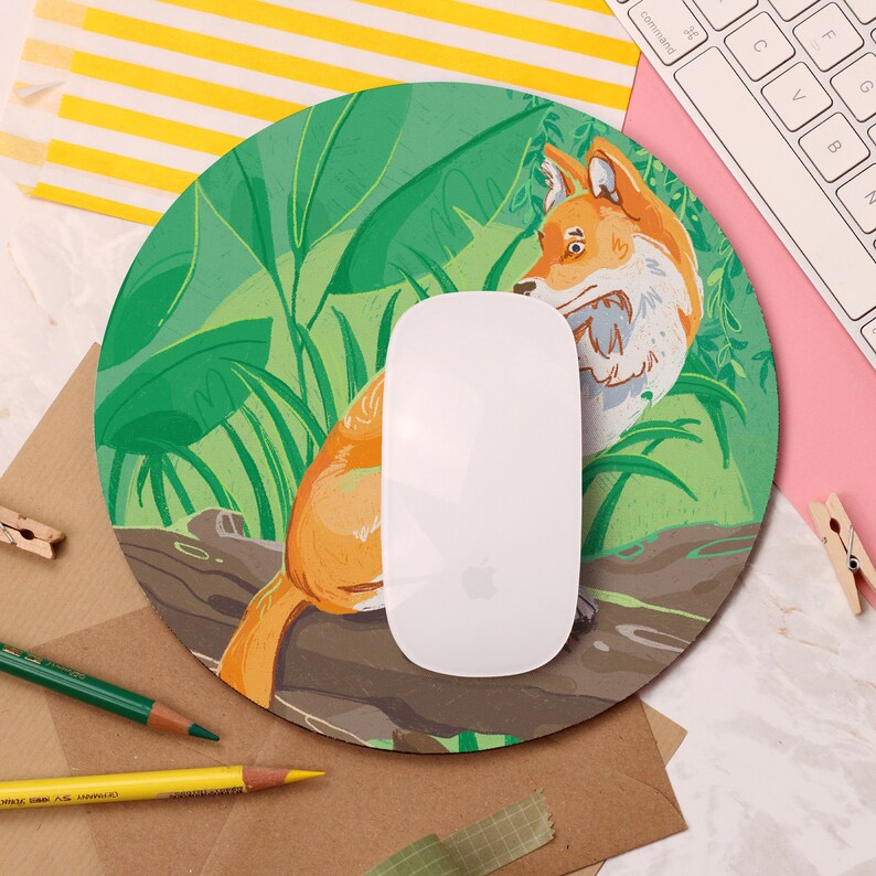 Illustrated Fox Office Decor Dhole Mouse Pad Jungle and Forest Art Kawaii Computer Accessory Valentines Gift UK Cute Mouse Mat