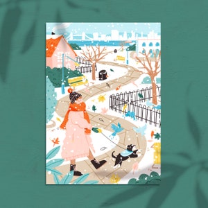 Carte de voeux pour promeneur de chien - Illustration de chien - Balades en ville - Illustration d'animaux mignons - Paysage enneigé