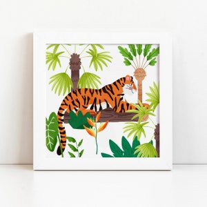 Imprimé Tigre et Palmiers - Illustration Du Tigre de la Jungle - Illustration Animalière - Faune - Chat Sauvage - Animaux Mignons - Jour de la Terre
