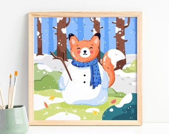 Snowman Fox Art Print - Christmas Gift Ideas - Stocking Filler- Cute Fox - Fox Illustration - Cute Art -Wildlife