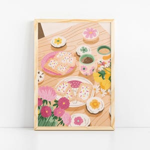 Impresión de naturaleza muerta – Arte de pared acogedor para la cocina – Ilustración de comida encantadora – Decoración floral para el hogar – Impresión artística de postres – Ambiente de cafetería pastel – Regalo para ella