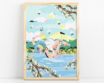 Fuji Dragon Art Print - Christmas Gift - Mountain Art - Dragon Illustration - Japanese Landscape - Japanese Woodblock - Kawaii Cute Art
