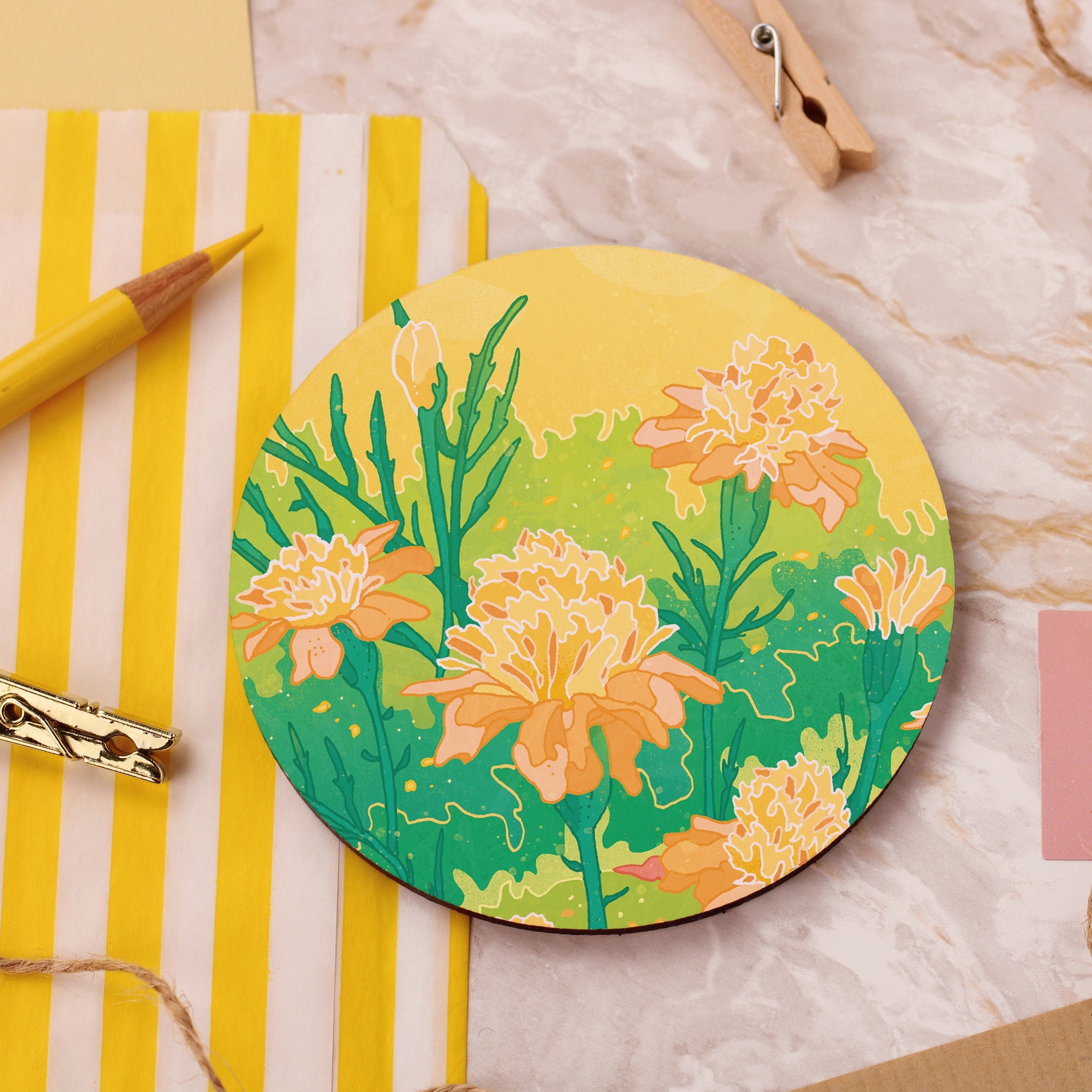 Japanese Art Yellow Flowers Set of 4 Coasters 