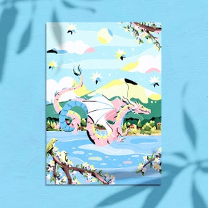 Carte de voeux dragon volant - Illustration de dragon - Art du dragon rose - Art du paysage japonais