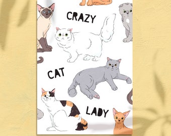 Crazy Cat Lady Greeting Card - Cute Cat Illustration - Cat Lover Art - Cat Breeds