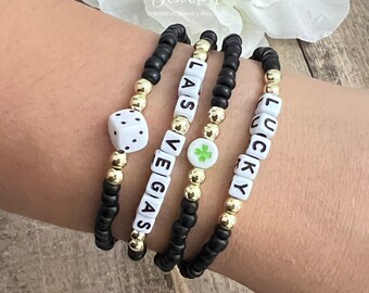 Las Vegas Personalized Bracelets, Girls Trip Gifts, Lucky Four Leaf Clover and Dice for Vegas Trips, Matte Black Dainty Bracelet Set