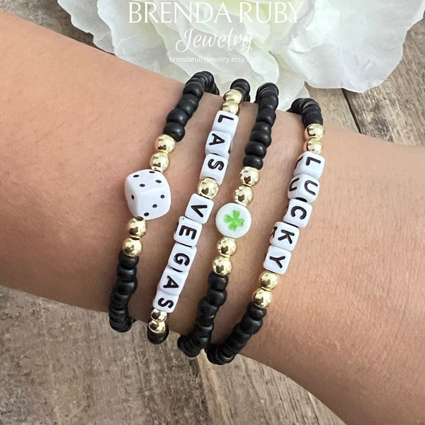 Las Vegas Personalized Bracelets, Girls Trip Gifts, Lucky Four Leaf Clover and Dice for Vegas Trips, Matte Black Dainty Bracelet Set