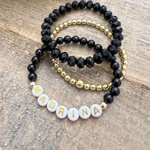 Personalized Anniversary Gifts, Madrina Gift Proposal, Godparent Gift Proposal, Black Bracelet Stack, Gold and Black jewelry for her