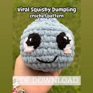 May include: A light blue crocheted dumpling with black and white eyes and a smiling mouth. The text "Viral Squishy Dumpling crochet pattern" is displayed at the top, and "PDF DOWNLOAD" is at the bottom.