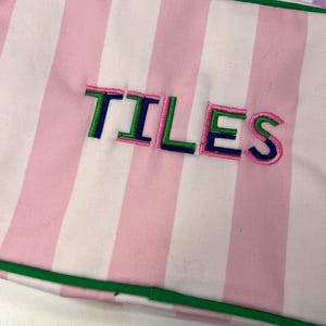 Pu&ograve; includere: Una borsa a righe rosa e bianche con la scritta "TILES" ricamata in verde, blu e rosa. La borsa ha un bordo verde, probabilmente una borsa per cosmetici o da viaggio.