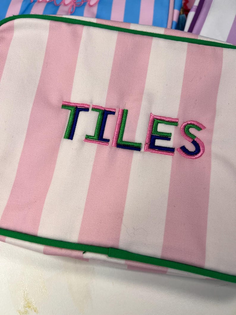 Pu&ograve; includere: Una borsa a righe rosa e bianche con la scritta "TILES" ricamata in verde, blu e rosa. La borsa ha un bordo verde, probabilmente una borsa per cosmetici o da viaggio.